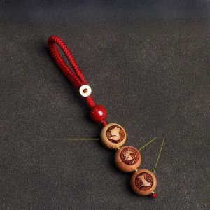 Peach Wood Lucky Charm Keychain Six Harmony Fortune Bead Pendants Zodiac Animal Design Creative Gift Good Luck Amulet Decoration