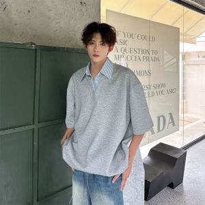 Áo Thun Polo Tay Ngắn Dáng Rộng Thiết Kế Hai Mảnh Giả Thời Trang Mùa Hè Thường Ngày Màu Trơn Không Tay Áo Thun Nam