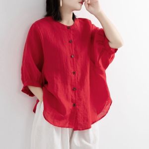 Cotton and Linen Shirt Women Retro Lantern Sleeve Shirts Plus Size Tops Loose Short Sleeve Blouse Solid Color Chinese New Year Clothes