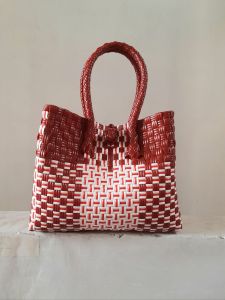TAS ANYAMAN PLASTIK JALI UK S PUTIH MERAH HATI TAS TANGAN MINI