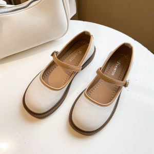 รองเท้าแฟชั่นผู้หญิง2024หัวเข็มขัดตื้นสีเข็มขัดยืดฤดูใบไม้ผลิสี sepatu empuk รองเท้า Mary Jane รองเท้ามีปุ่ม