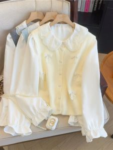 Korean Style Butterfly Tied Sleeveless Vest Long Sleeve Doll Collarshirt Women Spring Sweet Couples Top Set Skin-friendly Breathable Loose Fitting Open Front Cardigan