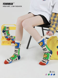Womens Four-Season Mid-Calf Socks Breathable Cartoon Smile Face Design American Retro Style Student Short Socks Long Tube Socks