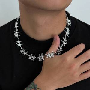 Salircon Punk Creative Five-Pointed Star Necklaces for Men Vintage Silver Color Adjustable Clavicle Chain Street Trend Jewelry