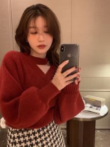 Red New Year Sweater Womens Halter Atmosphere Pinch Christmas Red V-neck Loose and Lazy Style Sweater Top