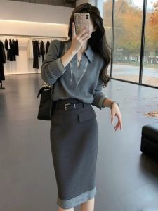 SHANGSHA | Elegant High-End Grey Shirt Dress Set for Important Occasions