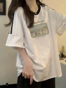 Summer New Loose Cotton Short Sleeve T-Shirt Womens Stripe Three Bars Printed Casual Top for Junior And Senior High School Students