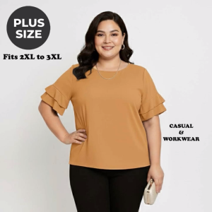 Plus Size Caramel Blouse for Women – 2-Layer Ruffle Sleeve 2XL–3XL Casual & Office Wear