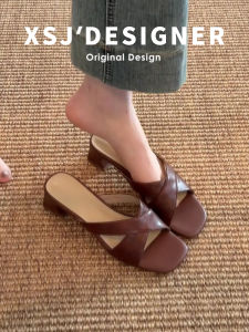 LIQIXIEFANG | Leather Sandals Women Square Toe Chunky Heel