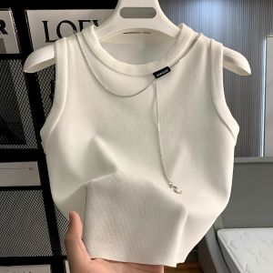 Womens Knitted Sleeveless Vest Solid Color Crew Neck Pullover Tank Top Moisture Wicking Regular Thickness Knitwear Summer Fashion