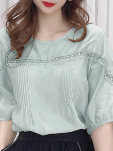 NUANKONG | Womens Lace Trimmed Cotton Ice Silk Short Sleeve Loose Fit Shirt