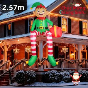 Đồ Trang Trí Giáng Sinh Hình Người Lùn Ngồi Bơm Hơi 8FT Có Đèn LED Và Hộp Quà Tặng Cho Sân Trong Nhà Ngoài Trời Sân Vườn