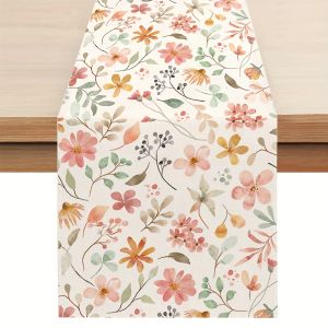 Spring Watercolor Flower Table Runner Polyester Fiber for Kitchen Restaurant Home Party Seasonal Decorative Tablecloth Accessory