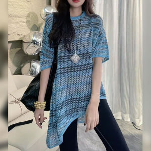 Korean Style round Neck Short Sleeve Blue Striped Top Womens Fashion Summer New Arrival Commute Style Straight Body Fit T-shirt