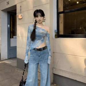 chaqi | Áo thun nữ cổ chữ V tay dài ôm vừa vặn mùa hè phong cách Mỹ cổ điển không đều