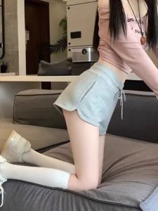 Grey Womens Sport Shorts 2024 New Style Fashionable Casual Pants with Belt Polyester Cotton Blend for Summer