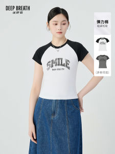 Deep Breath Streetwear Vintage Color Block Letter Short T-Shirt Womens Fashion Cotton Blend round Neck Top A301782