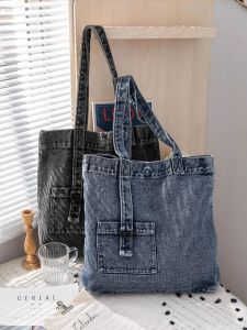 Washed Denim Casual Commuter Tote Bag Large Capacity Travel Backpack Single Shoulder Bag Soft Handle Magnetic Buckle Closure