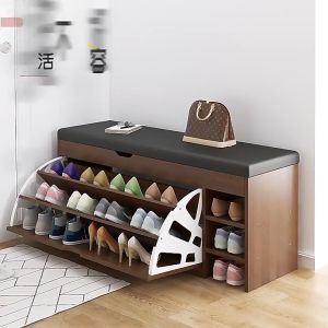 N78C Wooden Shoe Bench / Shoe Rack Stool PU Seat Household Shoe Stool Bench/Rainbow Culture