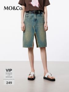 MO&Co. | Chân Váy Jean Vintage Cotton Rửa Mờ Viền Thô eo Trung Bình Có Cắt Trước và Sau