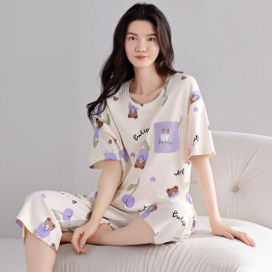 MiiOW | Áo ngủ cotton nguyên chất mùa hè cho nữ Áo cổ tròn tay ngắn quần dài đến đầu gối rộng rãi thoải mái Quần áo mặc nhà