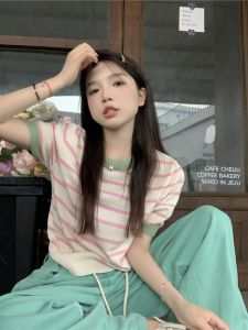 Summer Knitting Stripes Korean T-shirt Female Pink Gentle Patchwork Contrast Color Thin Niche Style Fancy Fashionable Top