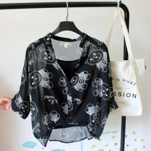 เสื้อเชิ้ตผ้าชีฟองหลวมๆ สำหรับผู้หญิงในฤดูร้อน ทรงหลวมๆ สไตล์เกาหลี แขนพอง ชุดสองชิ้น เสื้อผ้าทำงานสไตล์เกาหลี