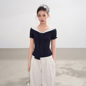 BAIDAIFEI | Design Navy Two-piece V-neck Short Sleeve T-shirt Summer Fitted Slim