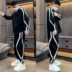 Autumn 2024 Mens Casual Sportswear Set round Neck Sweatshirt And Pants Trousers Striped Patchwork Loose Fit Long Sleeve