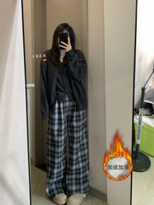 กางเกงขายาวผู้หญิงทรงหลวมสไตล์ย้อนยุคคอตตอนขนแกะสีกลางๆ กางเกงขายาวทรงหลวมเอวยางยืดทรงหลวมๆ ฤดูใบไม้ร่วง/ฤดูหนาว