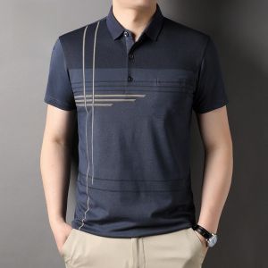 ROMON | Lomond Mens Ice Silk Short Sleeve Polo Shirt Summer Thin Collar T-Shirt Fathers Day Top Fashion Urban Style Cotton Polyester Blend