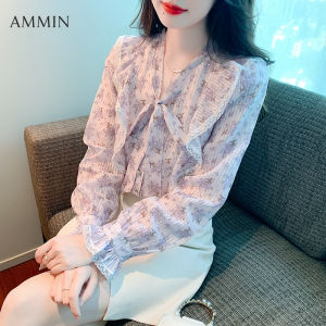 AMMIN เสื้อเชิ้ตผ้าชีฟองลายดอกไม้สีม่วงคอวีแขนยาวสำหรับผู้หญิงอารมณ์แฟชั่นสไตล์เกาหลีใหม่ - Baju Atasan Bunga แขนพอง ระบายทรงหลวมอเนกประสงค์ผูกโบว์แขนพอง