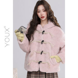 YOUXIANG | Áo Khoác Da Cừu Có Mũ Vintage Màu Hồng với Nút Sừng