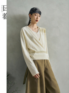 Original Linen Embroidery Knitted Top Cross Neckwear Dual Wear Loose