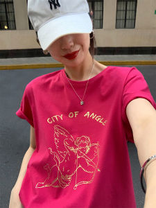 Angel Printed Gold Embossing Cotton T-Shirt Womens Summer Loose Fit Short Sleeve Korean Style Slimming Top Trendy Casual