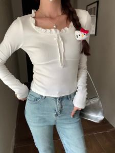 AMMIN 2024 Autumns new fashion lace lace-up round neck Long sleeve cotton T-shirt Womans Korean version of a vintage pleated patchwork receiving waist designed with a casual elegant blouse