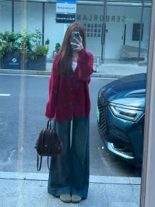 Korean Style Soft Red Knitted Sweater Coat Womens Loose V-Neck Long Sleeve Top Retro Lazy Fashion Autumn Winter New Arrival