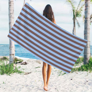 Blue Brown Stripe Quick Drying Microfiber Beach Towel Lightweight for Swimming Camping Yoga - Bath Towel