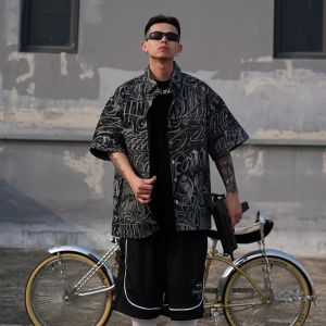 Large Size 300 Pounds Hong Kong Style Printed Casual Shirt Short Sleeve Mens Summer American Retro Top Breathable Thin Material