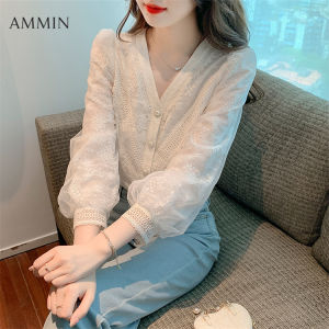 AMMIN ผู้หญิงสไตล์เกาหลีแขนยาวคอวีปักเสื้อลูกไม้ฤดูใบไม้ร่วงแฟชั่นใหม่สลิมฟิตทุกการแข่งขันพัฟแขนลูกไม้ชีฟองด้านบน