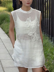 QINGNAER | Summer French Elegant Floral Embroidery Translucent Sleeveless Shirt