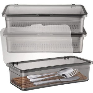 5pcs Flatware Tray with Lid and Drainer Large Size Rectangle Storage Box Transparent Plastic Cutlery Drawer Organizer Kitchen Tableware Drain Storage Container