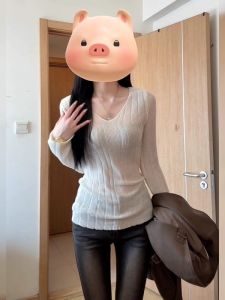 เสื้อชั้นในถักคอวีแขนยาวสำหรับผู้หญิง ฤดูใบไม้ร่วง/ฤดูหนาว เสื้อสเวตเตอร์ทรงสลิมฟิต นุ่ม อบอุ่น หรูหรา เสื้อผ้าทำงาน