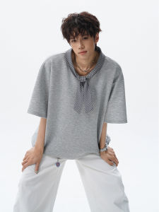 OULUDE | Plaid Tie Stitching Stylish Design Loose Fit Gray Short Sleeve T-Shirt