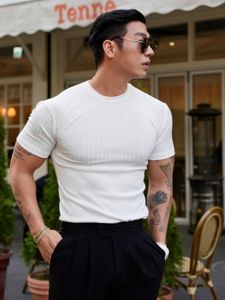 Sporty Mens Short Sleeve T-Shirt round Neck Striped Elastic Quick Dry Fitness Training Casual Comfortable Knitted Fabric T-Shirt