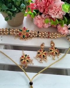 Padmawati Bangles Gold Plated Austrian Stone & Kundan Choker Necklace Set for Female