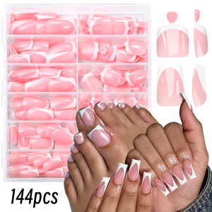 144Pcs French Hand Foot Short Square Fake Nails Pink Full Cover Press On Fingernails +Toenails White Edges False Nail Foot Tips
