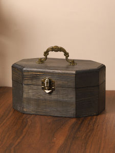 Retro Grey Wooden Jewelry Desktop Storage Box Octagonal Button Flip Cover Handheld Storage Organizer Wood Box for Home Use