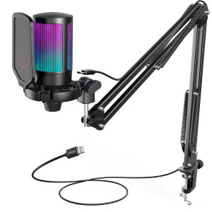 FIFINE USB Gaming Microphone Kit for PCPS4/5 Condenser Cardioid Mic Set with Mute Button/RGB /Arm Standfor Streaming Video-A6T