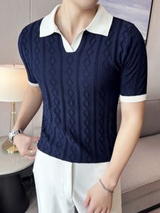 Summer Fashion Urban Style Mens Polo Shirt Short Sleeve V-Neck Knitted T-Shirt with Collar Color Block Half Sleeve T-Shirt